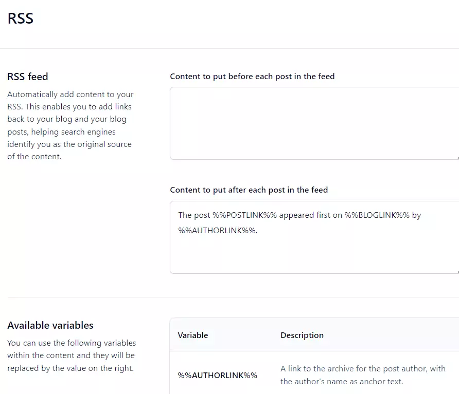 Yoast SEO RSS feeds settings