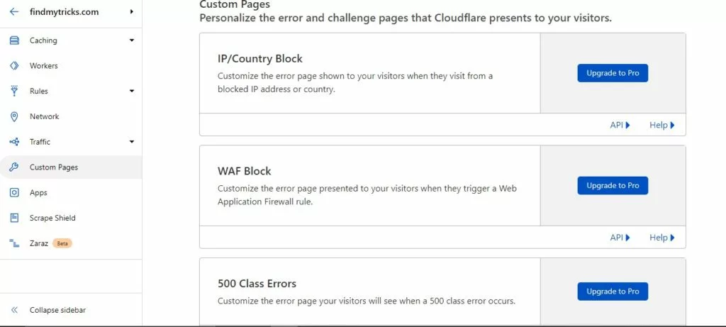 cloudflare custom page setting