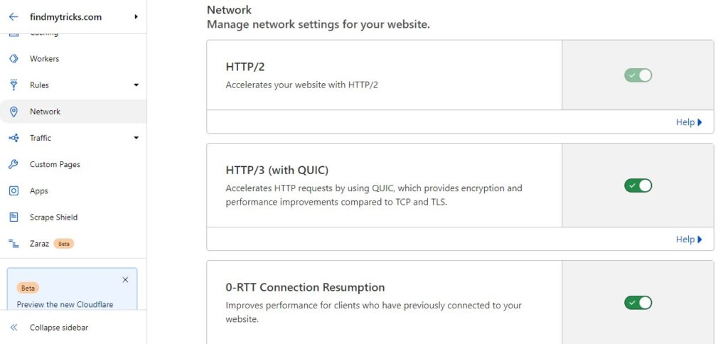 cloudflare network setting