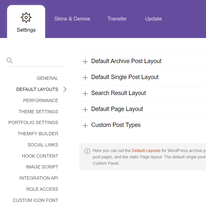 default layouts themify ultra settings