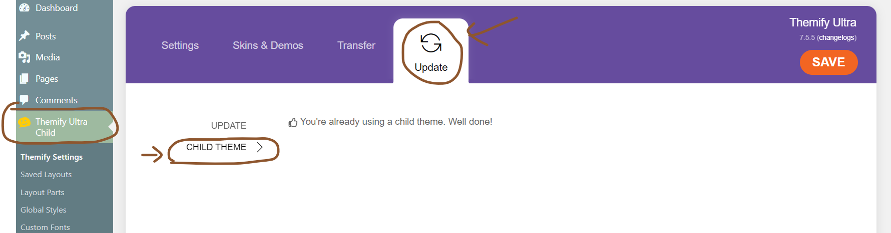 install themify ultra child theme