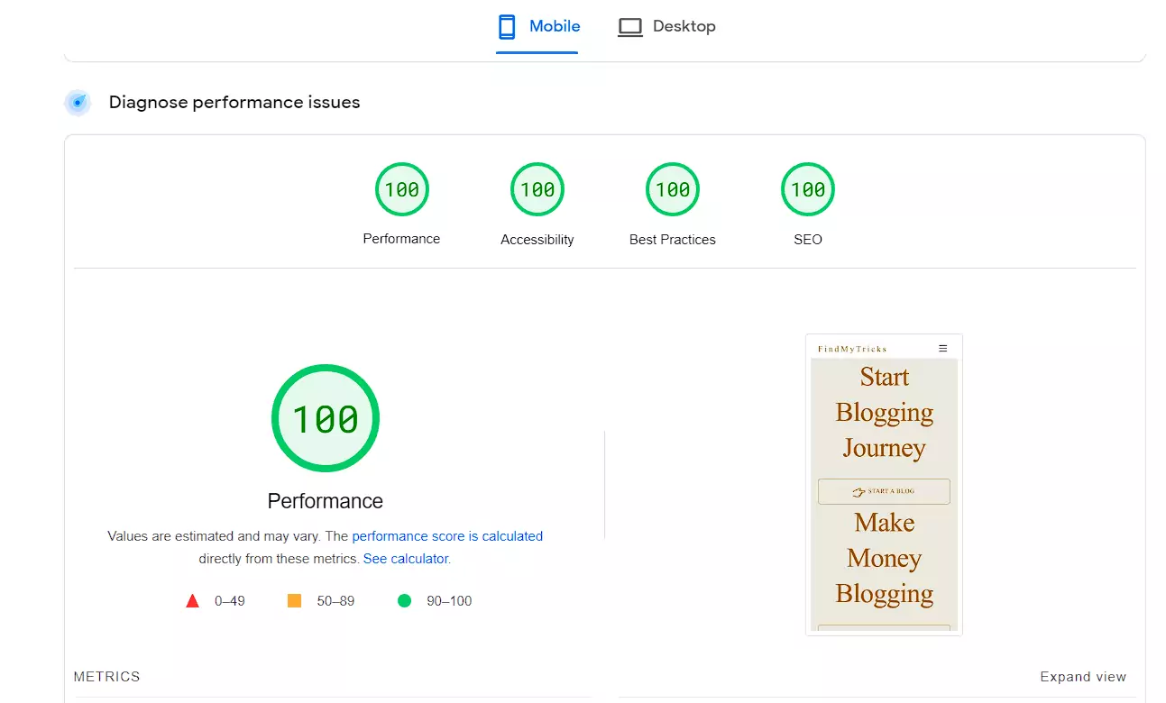 pagespeed insights mobile 100 score